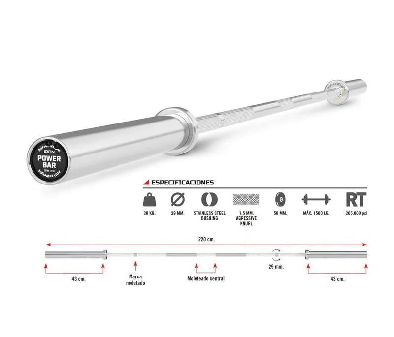 Barre Iron Power Bar Powerlifting 220cm/50mm (Neuf)